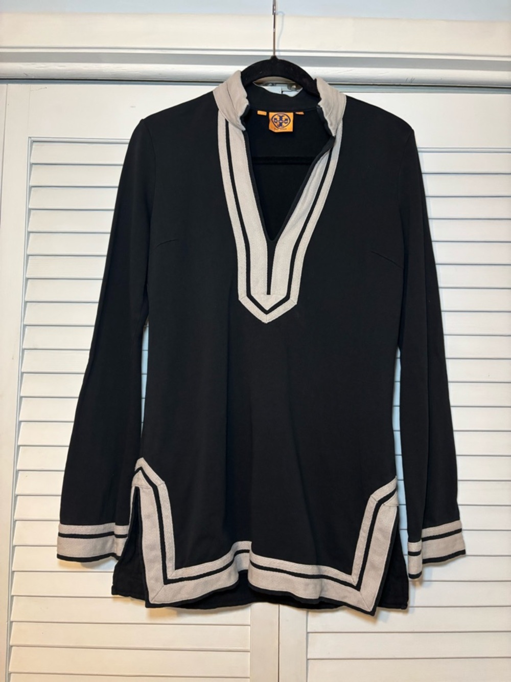 Tory Burch Women’s Tunic Top Size S Black Off White Trim Preppy Boho Cotton - Picture 2 of 9
